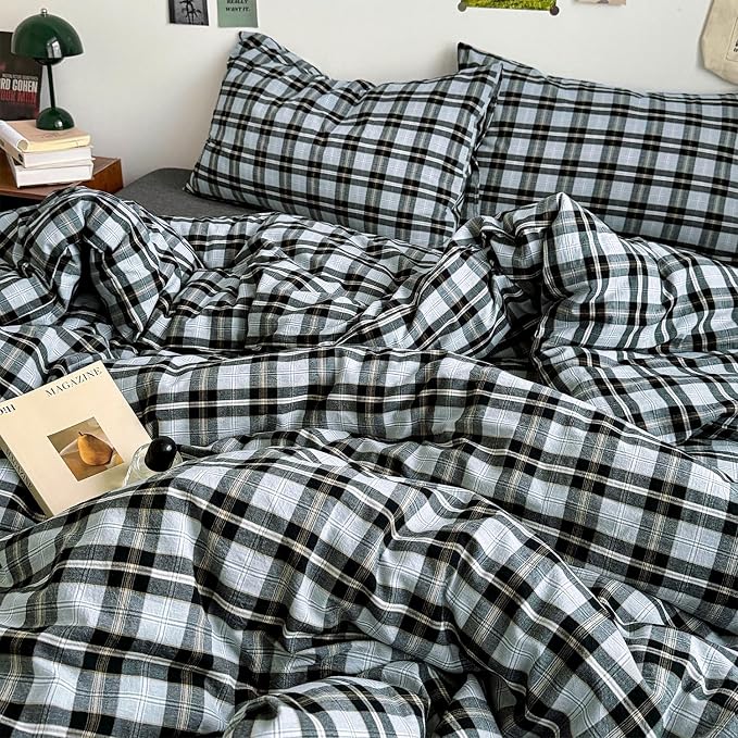 mixinni Vintage Grey & Pale Blue Buffalo Plaid Duvet Cover Set Twin XL Size - 3 Piece Washed Cotton Bedding Set with Grid Pattern, Soft & Breathable Duvet Cover with Pillowcases for Boys, Men& Women