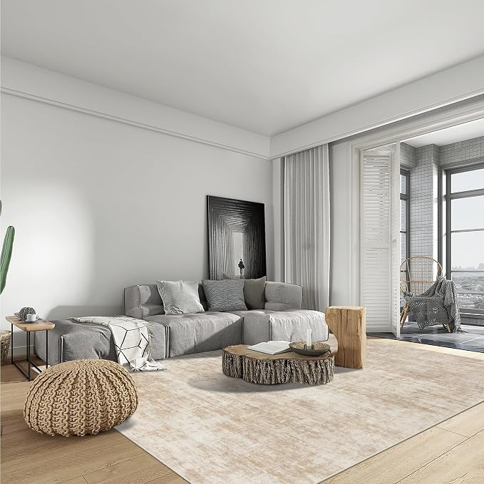 9x12 Area Rugs for Living Room: Washable Abstract Beige Badroom Carpet | Non-slip TPE backing makes this washable soft low-pile rug safe & durable, Pet-friendly decor for dining room,nursery,office