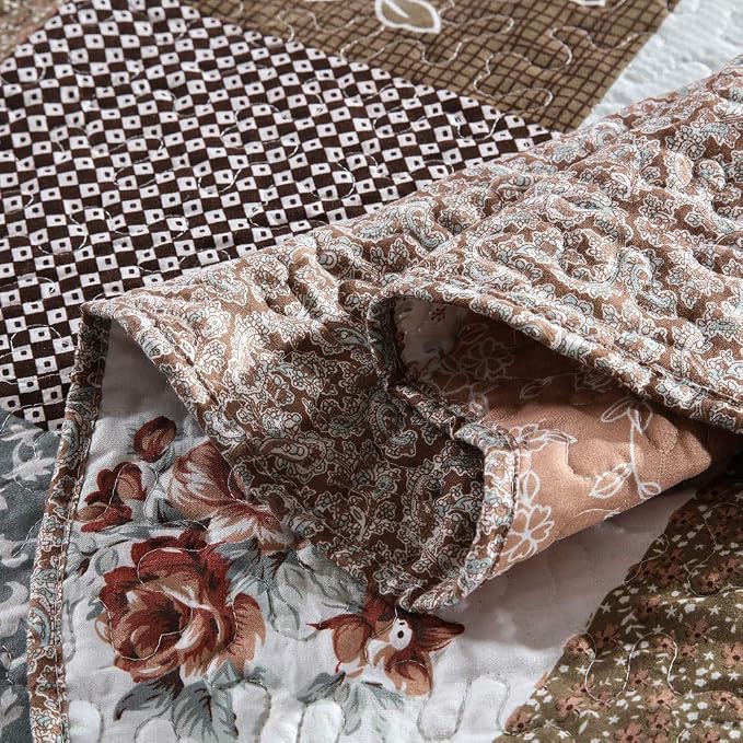 Quilt Bedspread Sets-Checkered Floral Reversible Coverlet Set,Queen Size
