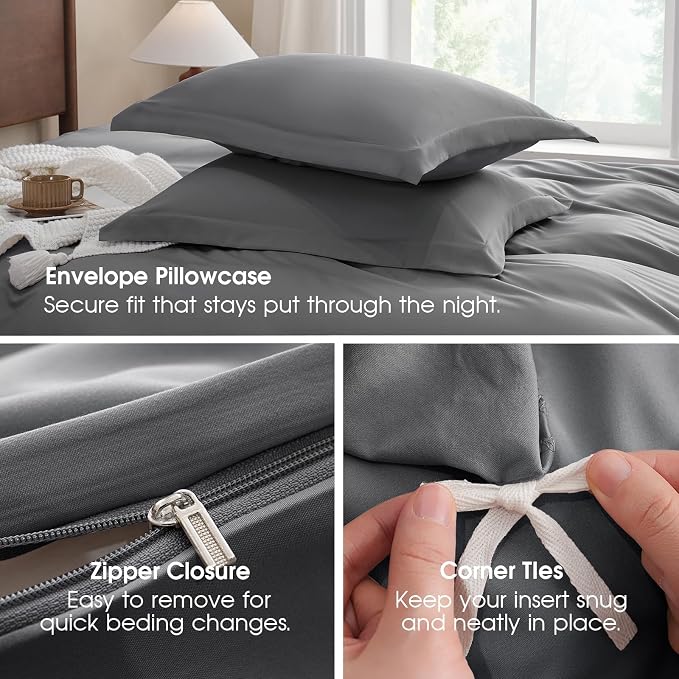 FreshCulture Duvet Cover King Size - 3 Pieces Microfiber Duvet Cover Set with Zipper Closure - Lightweight & Easy Care - 1 Comforter Cover & 2 Pillow Shams - Comforter Not Included (Dark Grey)