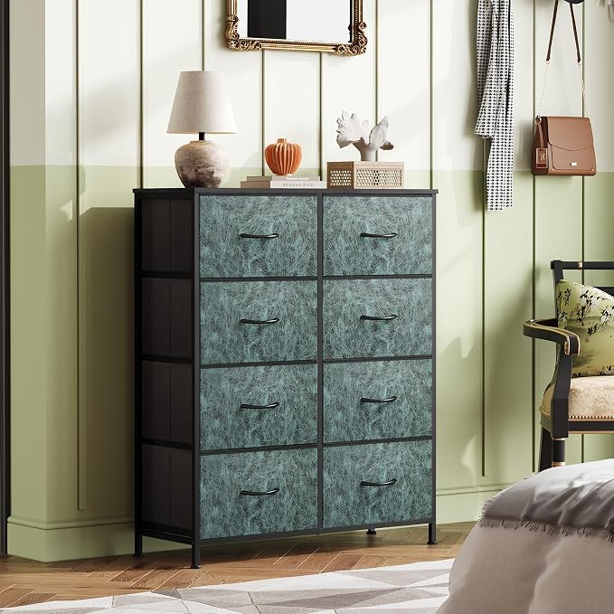 WLIVE 8 Drawer Fabric Dresser for Bedroom, Tall Storage Tower, Green | Green 8-drawer tall storage tower with fabric bins and wood tabletop, breathable non-woven, perfect for bedroom closet dorm