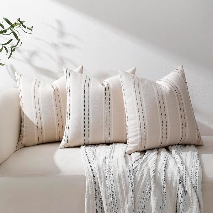 Hckot Striped Throw Pillow Covers 24x24 Set of 2 Taupe Pillow Covers | Farmhouse Decorative Pillows Textured Linen Square Cushion Covers for Sofa Couch Bed Living Room Decor(Taupe)