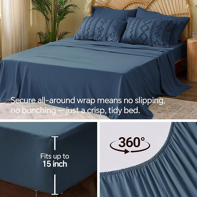 BEDELITE Queen Comforter Set 7 Pieces,Boho Bed in a Bag,Navy Blue | Tufted Bed Set for All Seasons,Soft Farmhouse-Style Embroidery Bedding,Includes Flat & Fitted Sheets,2 Pillowcases & 2 Shams