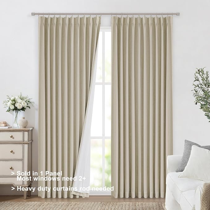 Vision Home Sand Pinch Pleated Full Blackout Curtains Linen Blended Room Darkening Window Curtains 102 inch for Living Room Bedroom Thermal Insulated Pinch Pleat Drapes with Hooks 60" Wx102 Lx1