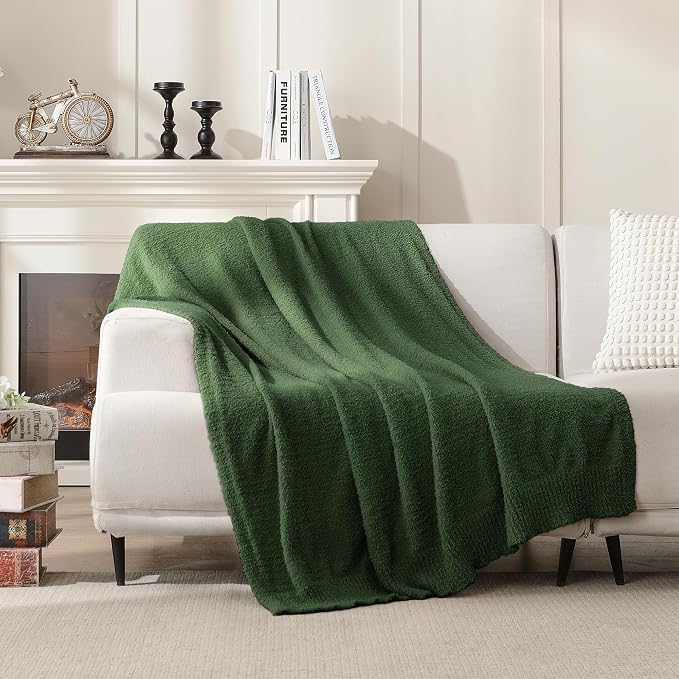 JOOJA Emerald Green Throw Blanket for Bed, Super Soft Knit Blankets, Cozy Fleece Fuzzy Fluffy Plush Chenille Throws Blanket for Couch, Sofa, Dark Green, 60 x 80 inches