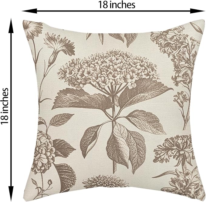Vintage Brown Pillow Covers 18x18 Inch 2 Pcs Boho Beige Floral Decor Throw Pillows Hydrangea Flower Seasonal Outdoor Farmhouse Neutral Accent Decoration Pillowcase Linen Cushion Cover for Couch