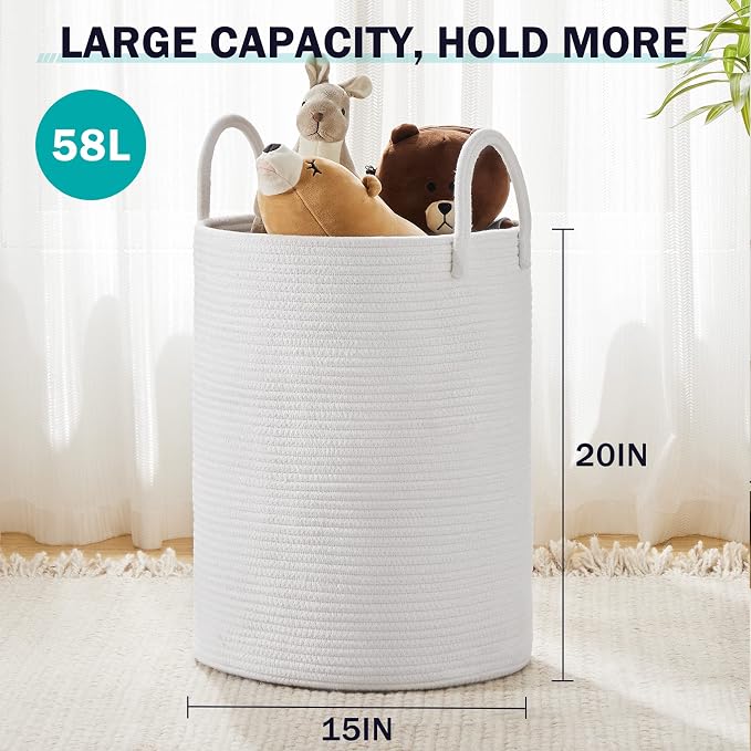 Woven Rope Laundry Hamper Basket by YOUDENOVA, 58L Tall Laundry Basket, Baby Nursery Hamper for Blanket Storage, Clothes Hamper for Laundry in Bedroom-Large-Pure White | Large Woven Laundry Hamper with Sturdy Handles, Collapsible Home Decor Laundry Bas...