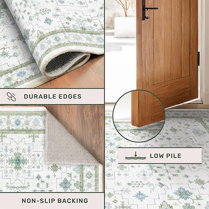Oushak 3x20 Wide Hallway Runner Rug - Vintage Turkish Floral, Washable Low Pile Non Slip 20ft Extra Long Runners for Large Kitchen, Hall Way - Blue and Green Décor