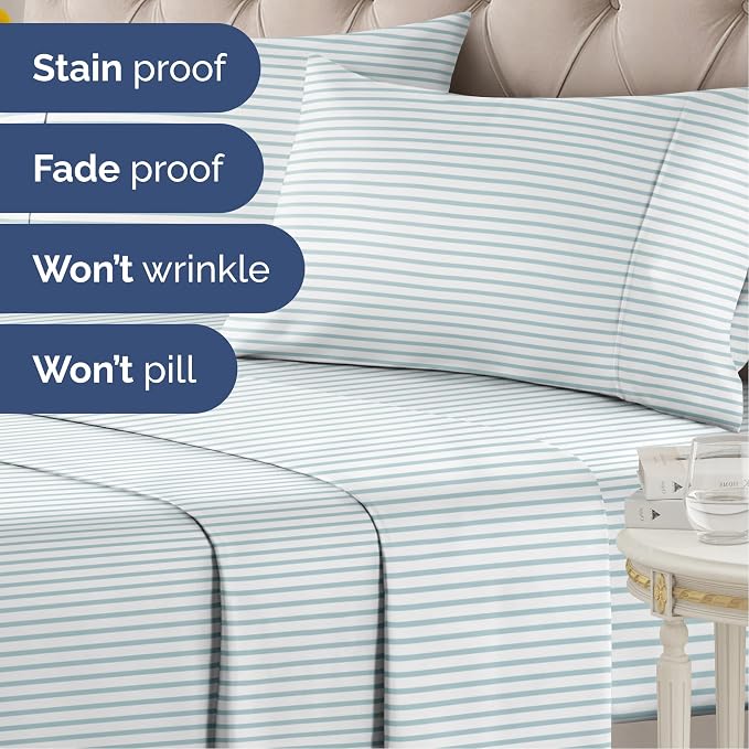 Twin 3 Piece Striped Sheet Set - Soft, Breathable & Cooling - Ocean Stripe | 1 Flat, 1 Fitted & 1 Pillowcase w/ Deep Pockets, Luxury Striped Bedding, Soft, Breathable & Cooling, Wrinkle & Fade Free