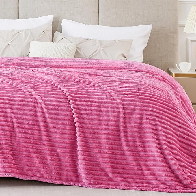BEDELITE Ribbed Jacquard Hot Pink Blankets Queen Size for Bed, 90x90 Inch | Soft Warm Decorative Fluffy Blanket, Cozy Fuzzy Lightweight Plush Fleece Throw Blankets for Bed, Room Decor, Gift for Women