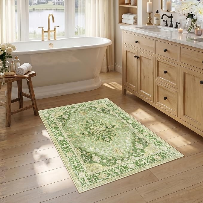 RELEANY Washable Area Rug, Small 2'6"x4', Green/Yellow | Non-Slip, Water Repellent, Pet Friendly, Easy to Clean, Vintage Floral Boho Decor for Kitchen Entryway Bathroom