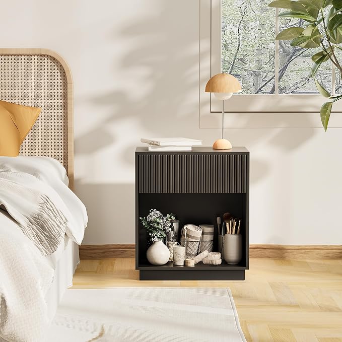 Fluted Nightstands Set of 2, Modern Bedside Table with Storage Drawer and Open Wood Shelf, Wood End Table Mid Century Night Stands for Bedroom Living Room Sofa Couch Office (Black)