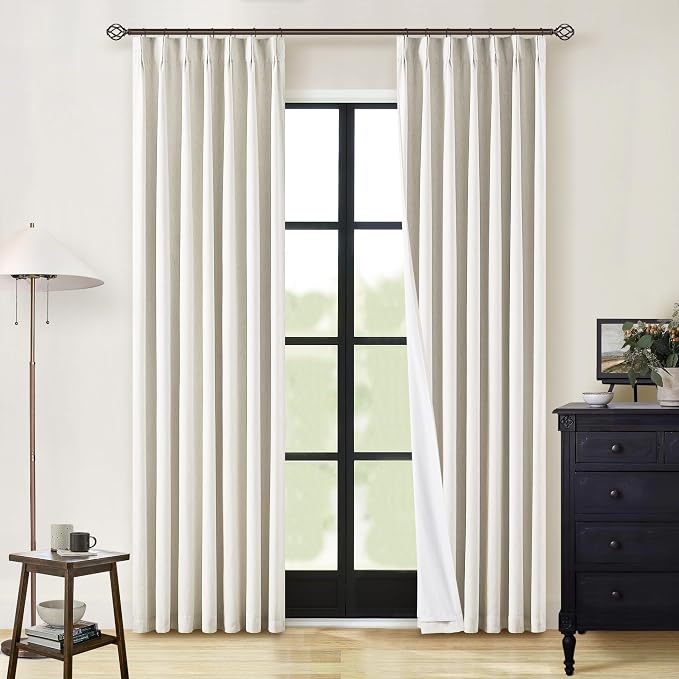 Natural Linen 100% Black Out Curtains 86 Inches Long 2 Panels Set | Pinch Pleated with Back Tab, Thermal Insulated Energy Efficient, for Bedroom Window Living Room High Ceiling, Cream Ivory