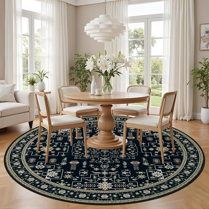Round Area Rug for Living Room: 4ft Washable Rug for Bedroom Black | Vintage Boho Soft Round Rug Indoor Floor No Slip Carpet Stain Resistant Rugs for Bedroom Dining Room Nursery Home Office