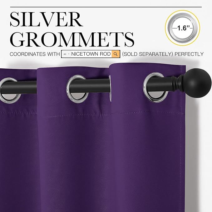NICETOWN Kitchen Short Blackout Curtains, Set of 2, 42 x 68in, Royal Purple | Home Decoration Thermal Insulated Solid Ring Top Blackout Curtains/Drapes for Bedroom
