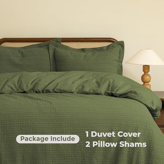 Dreamology Full Duvet Cover, Waffle Duvet Cover Full, 100% Cotton Waffle | Duvet Covers with Zipper Closure, Soft Textured & Breathable Duvet Cover Set,Bedding Duvet Cover Set 3 Pieces (Green)