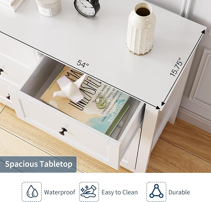 Garvee White 6-Drawer Dresser for Bedroom, 54" Long Chest of Drawers | Modern Lacquered Storage Drawers Organizer, 15.8"D x 54"W x 31.5"H, Storage Dresser with Deep Drawers for Hallway Entryway