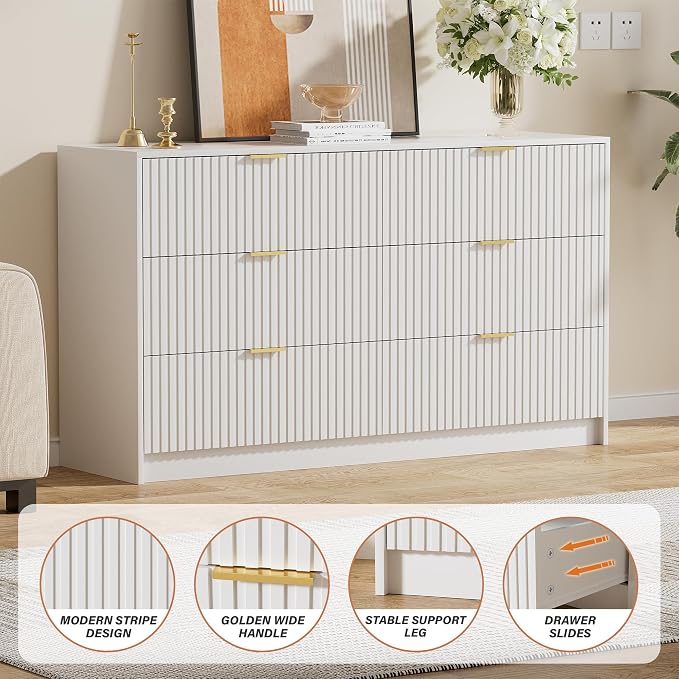 Furniway White Dresser for Bedroom, Modern Dresser with 6 Drawers and Smooth Slides, Wide Chest of Drawers with Golden Handles for Bedroom, Living Room, Closet, 15.7" D x 55.1" W x 31.4" H