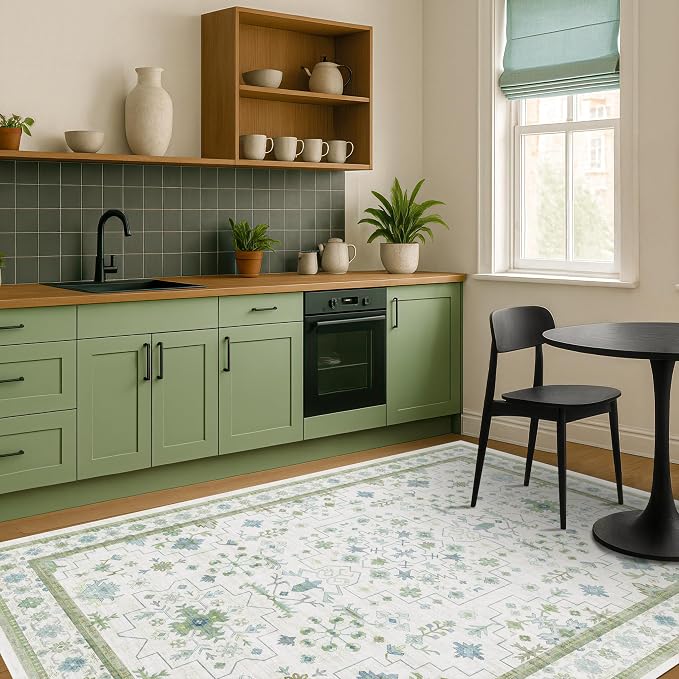 Cream Oushak 7x9 Bedroom Rug - Boho Floral Cool Blue and Green, Washable Low Pile Non-Slip Ultra-Thin Large Area Rugs for Playroom, Bed Room, Living Room