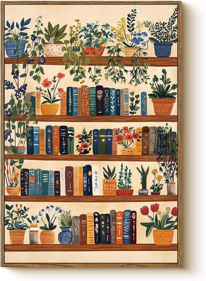 WHASAYART Vintage Botanical Book Shelf Framed Canvas Wall Art, 16x24 inch | Colorful Plants Books Painting, Retro Library Reading Gift, Modern Home Décor for Living Room Study Office