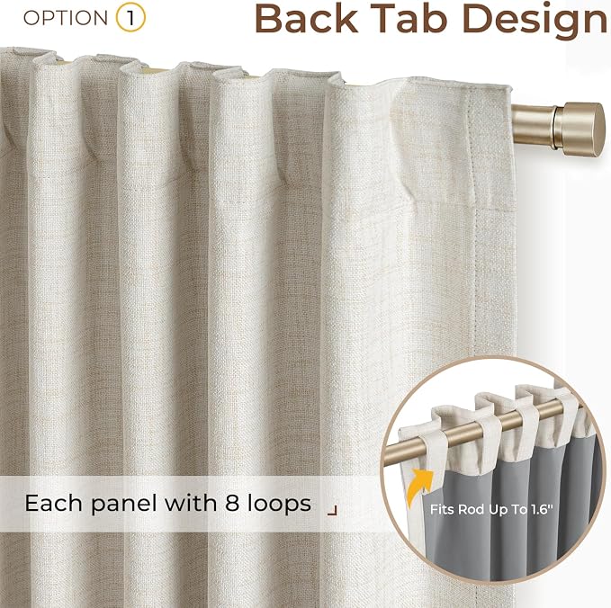 INOVADAY 100% Blackout Linen Curtains for Bedroom 50x90 Inches Beige | Linen Textured, Light Blocking, Room Darkening, Thermal Insulated, Back Tab Top, Window Curtains for Living Room, 2 Panels