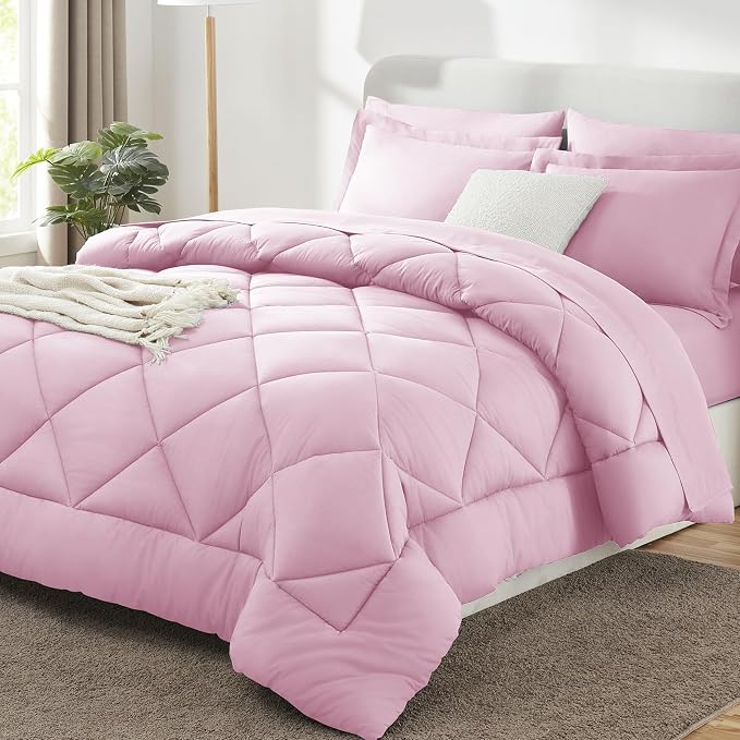 King Size Comforter Set Light Pink - 7 Pieces Complete Bedding Set | OEKO-TEX Certified, All Season, 240GSM Down-Alternative Comforter, Sheets, Pillowcases & Shams, 14" Deep Pocket, Easy Care