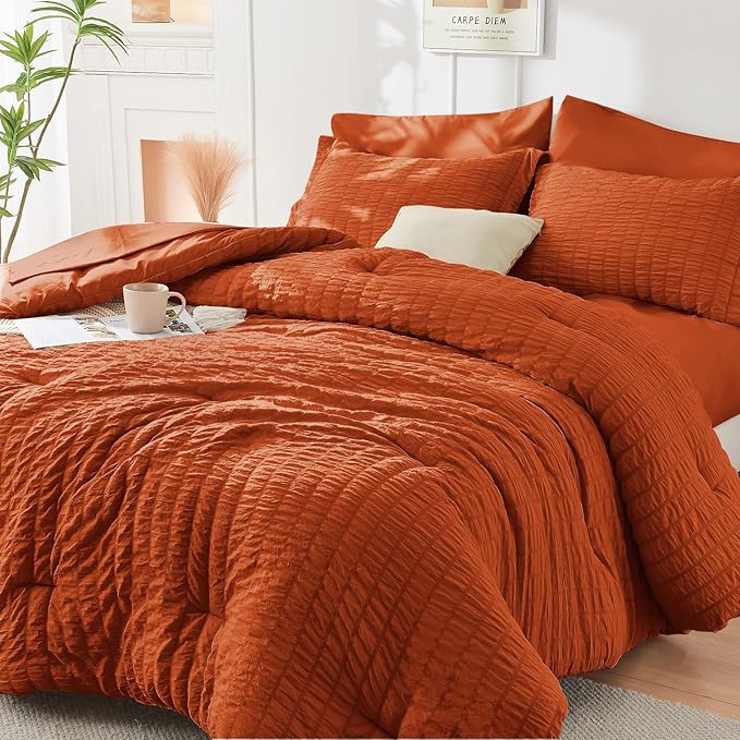 HYMOKEGE Burnt Orange Queen Comforter Set Seersucker 7 Pieces, All Season Luxury Bed in a Bag for Bedroom, Bedding Set with Comforters, Sheets, Pillowcases & Shams