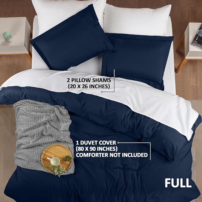 Duvet Cover Full, 3 Piece Cotton Like Polyester With Zipper Closure, Navy | Extra Soft and Breathable, Wrinkle & Fade Resistant, Includes Duvet Cover and 2 Pillow Shams, Comforter Not Included, OekoTex