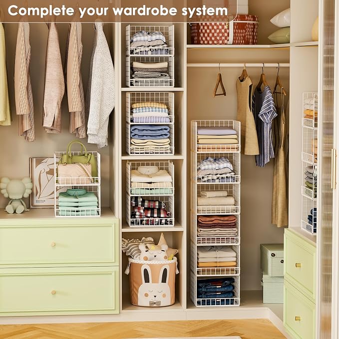 6-Tier Stackable Closet Organizers and Storage Baskets, Closet Shelf Organizer for Small Space, Space-Saving closet organizer system, Foldable Clothes Storage Bins for Closet Organizer System, White