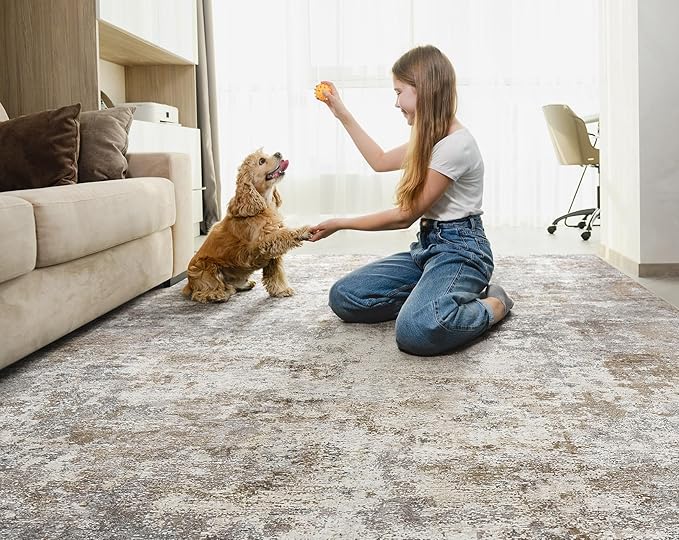 UERMEI 5x8 Area Rug Living Room Rugs Washable Neutral Brown Grey Carpet | Modern Abstract Non-Slip Soft Low Pile Floor Rugs for Bedroom Dining Room Home Office Indoor Decor