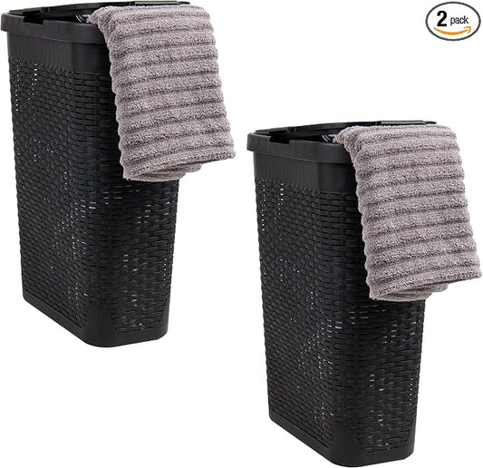 Mind Reader Slim Laundry Hamper with Lid, 40L Clothes Basket, Narrow Tapered Design with Ventilated Cutout Pattern, Plastic, Set of 2, Black