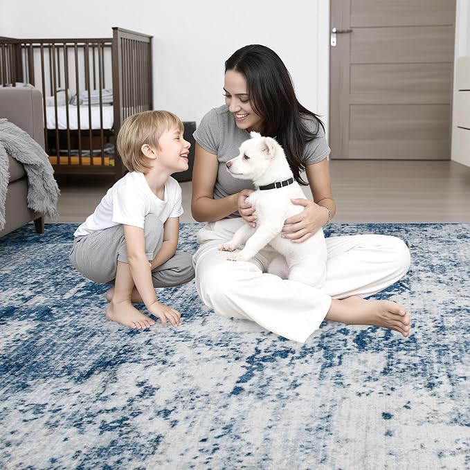 6x9 Area Rug Living Room Rug: Washable Modern Abstract Soft Thin Rug Indoor Floor No Slip Stain Resistant Carpet for Bedroom Dining Room Farmhouse Nursery Home Office - Blue