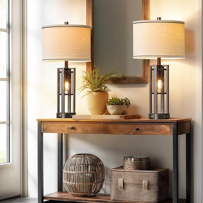 28'' Farmhouse Industrial Table Lamp Set of 2 - Rustic Bedside Nightstand Lamps with Dual USB A+C Ports, Bronze Metal Mesh Nightlight Desk Lamps for Bedroom Living Room, 4 LED Bulbs Included