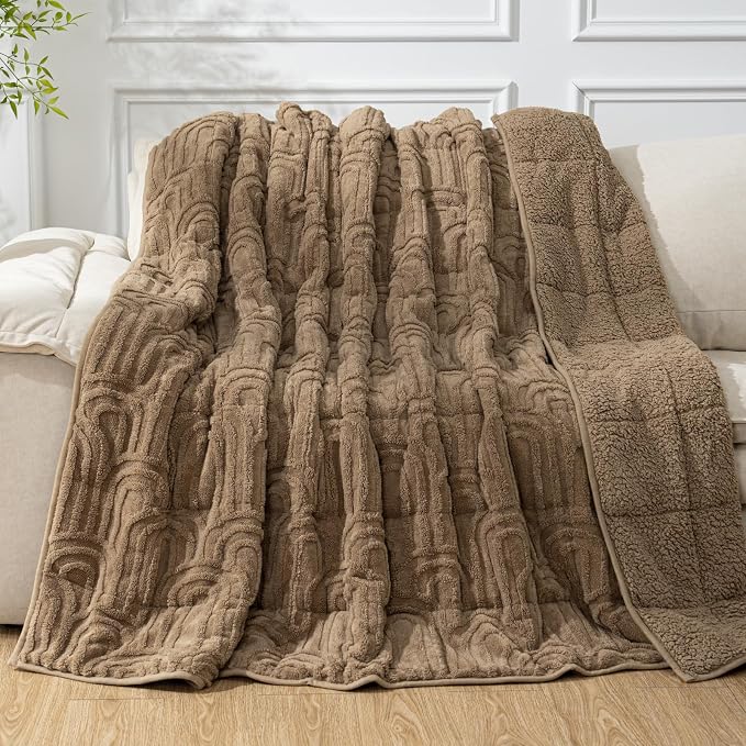 Cottonblue Jacquard Weighted Blanket for Adults 15lbs Twin Full Bed 48"x72" | Soft Fuzzy Fleece Weighted Blankets Throw for Sleep Calm Relax, Fuzzy Warm Khaki Arch Sofa Couch Heavy Blanket, Washable