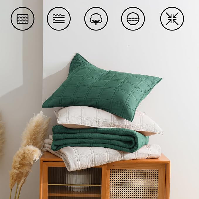 HORIMOTE HOME 100% Cotton Quilt Set King Size, Dark Green Pre-Washed Bedspreads Coverlet Set in Geometric Pattern, Cozy Lightweight Stitching Decorative Bedding Cover with 2 Shams for All Season