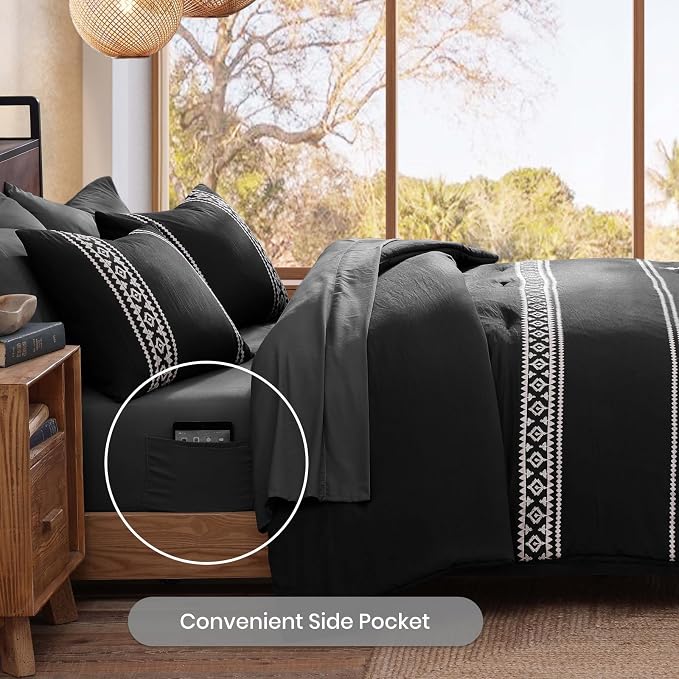 MaiRêve Embroidery Oversized Queen Comforter Set 7 Pieces Bed in a Bag | Black Western Boho Bedding Sets Farmhouse with Comforter, Sheets, Pillowcases & Shams