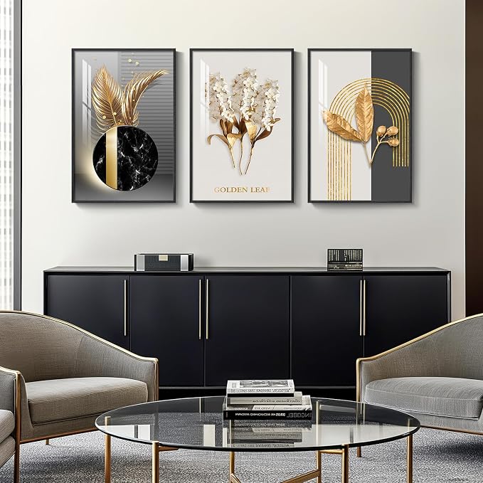 Large Framed Modern Luxury Wall Art for Living Room, 3 Piece 24x36 Inch | Black White Gold Art Prints , Crystal coating wall pictures, Contemporary pictures for bedroom dining room office hallway