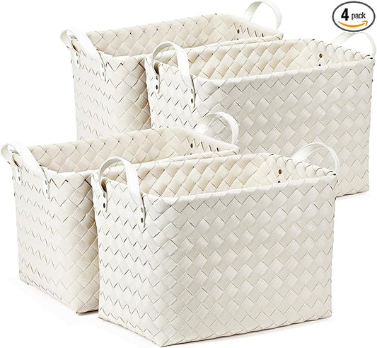Handwoven Clothes Basket Laundry Hampers Large Wicker Storage Baskets for Shelves Blankets Closet Storage Bins Car Bedroom Bathroom Organizers and Storage Bath (Pack of 4, Ivory)