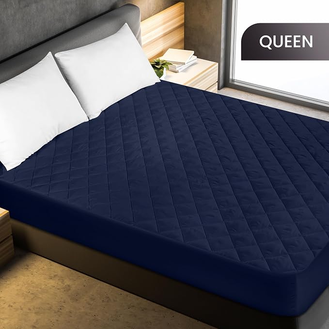 Quilted Fitted Mattress Pad, Queen Mattress Protector Topper with Deep Pocket Stretches up to 16 Inches, Machine Washable Mattress Cover by Utopia Bedding (Navy) | Soft Breathable Fitted Mattress Cover, Noiseless, Deep Pockets & Machine Washable for Ho...
