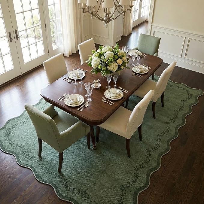 GarveeHome 6x9 Scalloped Area Rug Soft Washable Rug for Living Room Bedroom | Soft Green Low Pile Non Slip Accent Floor Mat Solid Print Throw Rug Indoor Carpet for Dining Room Dorm Playroom