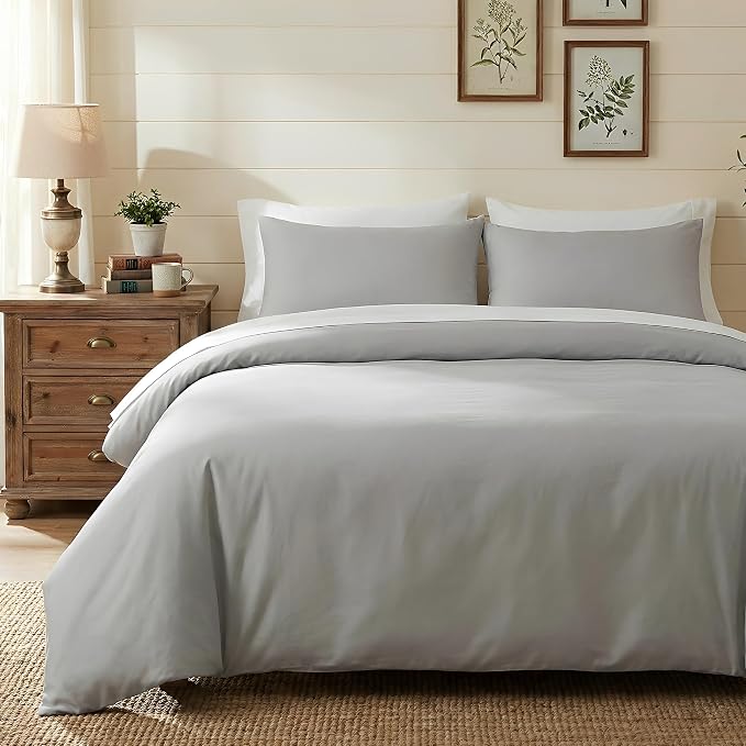 HeimenAogo Egyptian Cotton Duvet Cover Full Sateen Weave, Silky Soft and Breathable Bedding Set with Zipper Closure, Long Staple Cotton Bed Linen Moonlight Grey 3Pcs (80"×90")