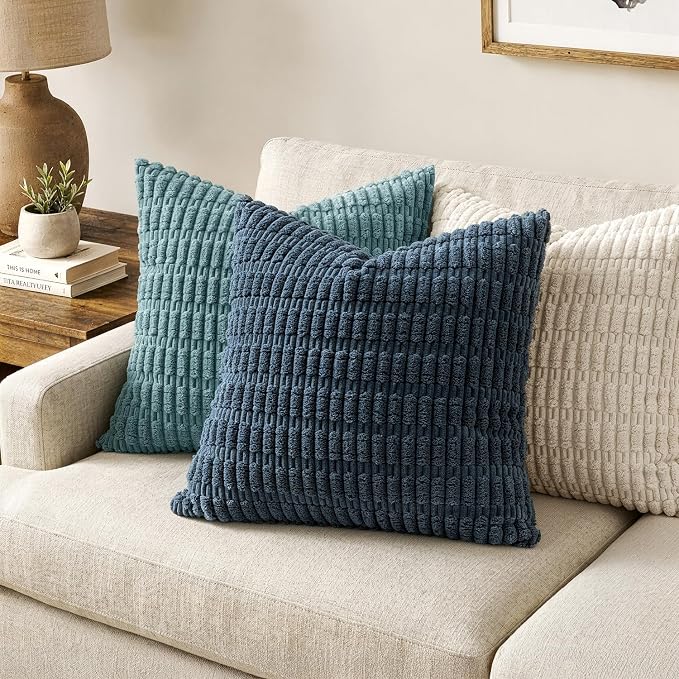MIULEE Euro Sham Corduroy Decorative Throw Pillow Covers 24x24 Blue | Pack of 2 Soft Boho Striped Pillow Covers Modern Farmhouse Coastal Home Decor For Sofa Living Room Couch Bed