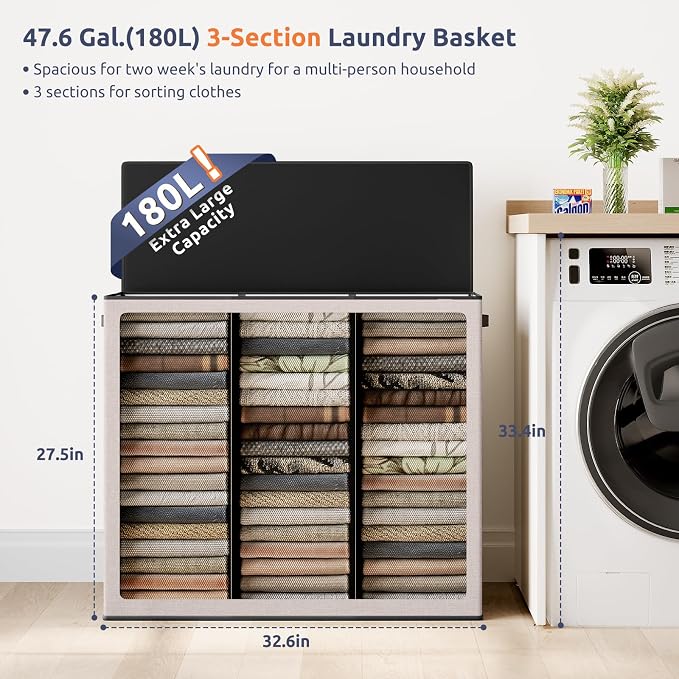SOLEDI Large Laundry hamper 3 Section with Laundry Bag, XL Clothes Basket | 3-Section Large capacity Laundry Sorter with Odor-Blocking Lid, Robust Iron Frame & Waterproof 600D Fabric, 3 Washable Bags