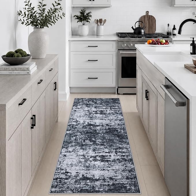 2x5 Washable Runner Rug：Modern Abstract Kitchen Carpet Black | For Hallway, Bedroom, Kitchen, Laundry, Bathroom,Door Mat,Modern Abstract,Machine washable,Non-Slip,Stain Resistant,Indoor
