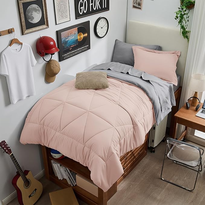 BEDELITE Twin XL Comforter Set 5 Pieces, Reversible Dusty Pink Bed in A Bag | Soft All Season Down-Alternative Comforter, Sheets, Pillowcases & Shams, OEKO-TEX Certified Bedding for Drom Room, College