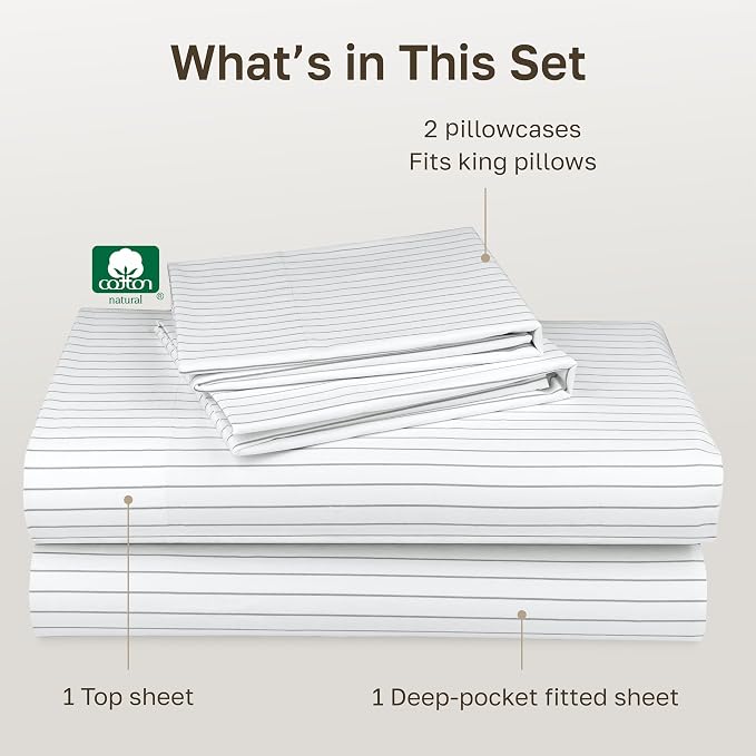 California Design Den Soft 100% Cotton King Size Bedsheets Set | 400 Thread Count Backed by Good Housekeeping Seal, 16" Deep Pocket, All-Around Elastic, Durable, Easy Care - Pinstripe Print
