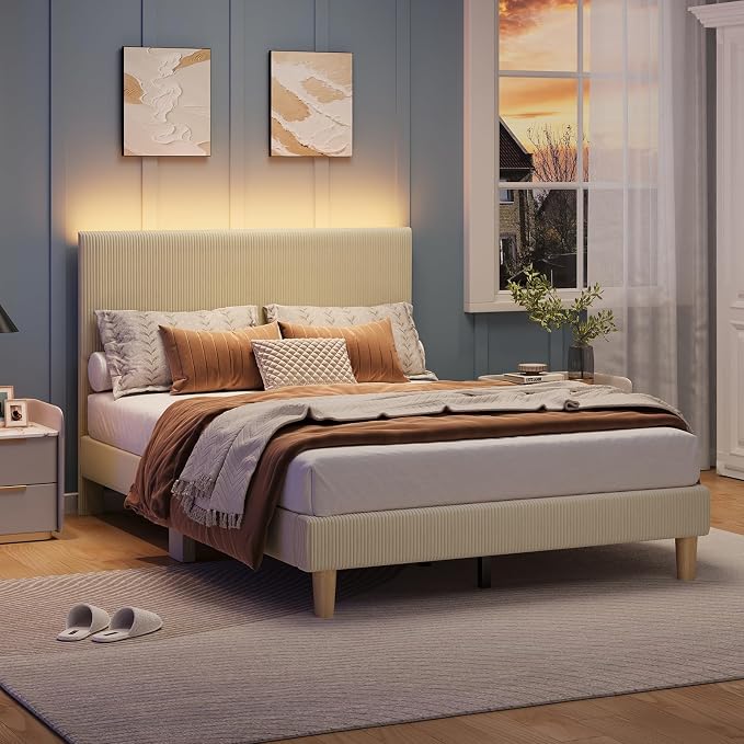Bestier Full Size Bed Frame with Adjustable Headboard,LED Light,Taupe | Wood Slats Support,Easy Assembly,LED Lighting Headboard,No Squeaks,Vertical Channel Corduroy Upholstered,No Box Spring Needed
