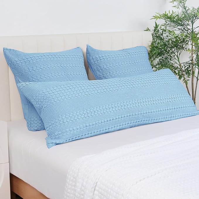 PHF Waffle Weave Body Pillowcase with Zipper, 1 Pack 100% Cotton 20" x 54" Pillow Sham, No Insert, Soft & Breathable Pillow Case, Aesthetic Woven Body Pillow Cover for Bedroom Decor, Sky Blue
