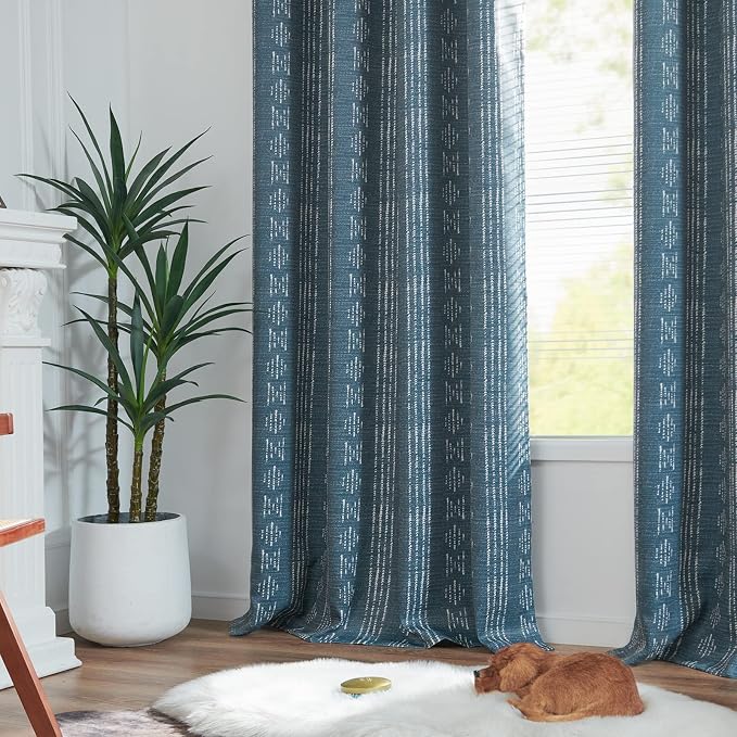 jinchan Boho Blackout Curtains 84 Inches Long for Bedroom Living Room | White on Blue Geometric Grommet Curtains Room Darkening Thermal Insulated Window Treatments 2 Panels
