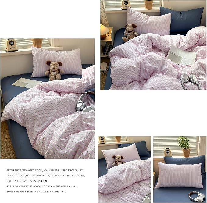 mixinni Pink White Striped Duvet Cover Queen Size, 3-Piece Washed Microfiber Vintage Striped Bedding Set, Soft Aesthetic Stripe Pattern Duvet Cover with Zipper Closure & Corner Ties for Women Girls